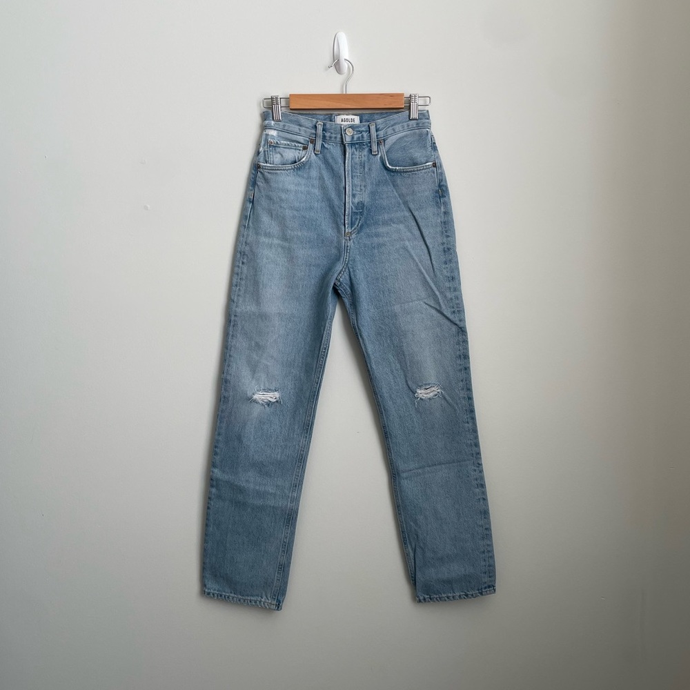 Agolde Light Blue Straight Leg Denim Jeans with Subtle Distressing